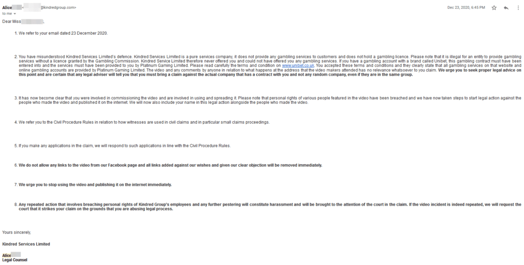 Threats from Unibet to the customer Yanina