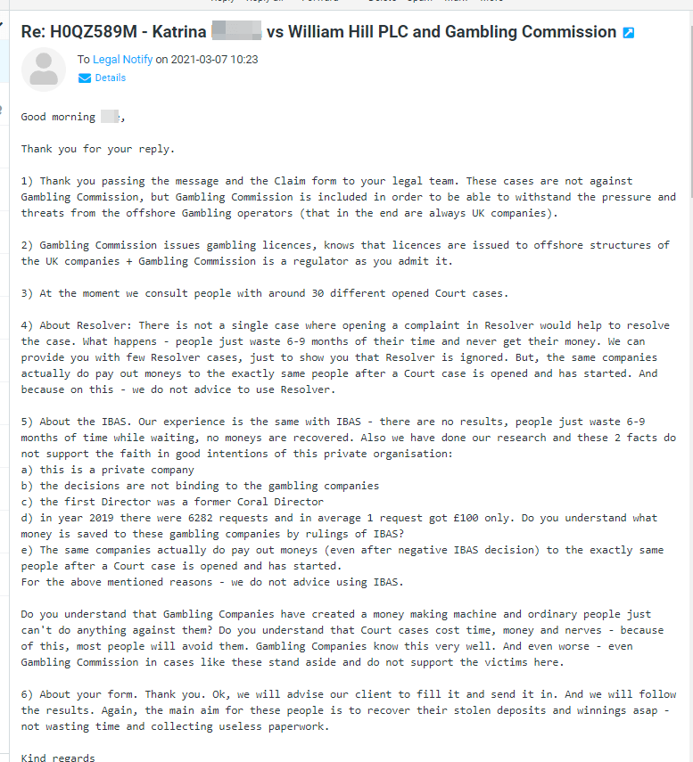 our reply to an email received from Gambling Commission