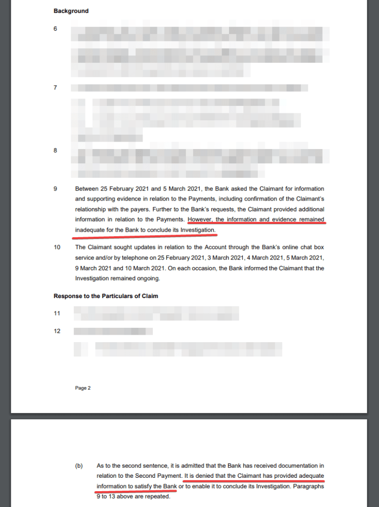 Extract for the Defence of Starling Bank, where the bank is denying that Lukasz has provided adequate information to satisfy the Bank or to enable it to conclude its Investigation