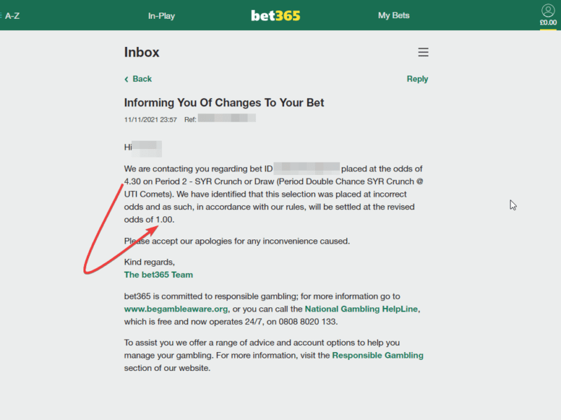 Bet365 change odds after the game from 4.30 to 1.00. And now - this is not an error, just business