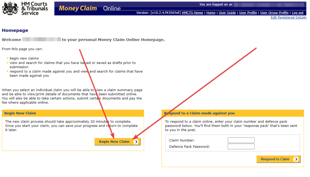 on the main page ot MCOL, press the button “Begin New Claim”
